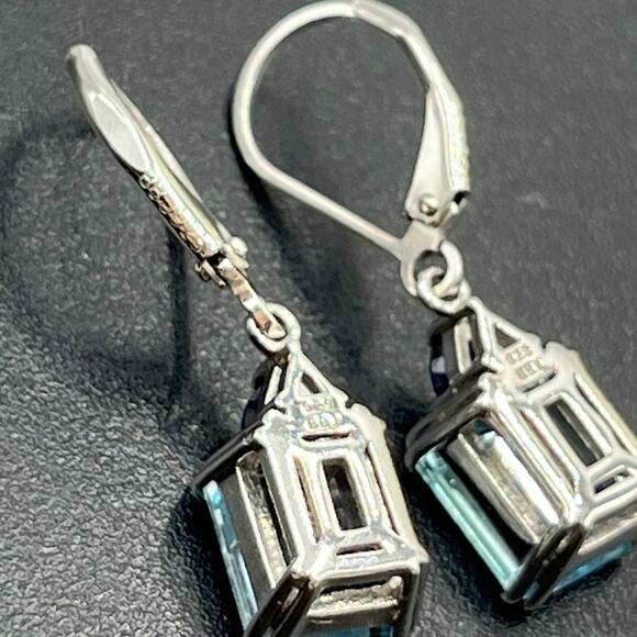 BBJ 925 Sterling Silver Emerald Cut Blue Topaz Sm Sapphire Lever back Earrings - Picture 5 of 9